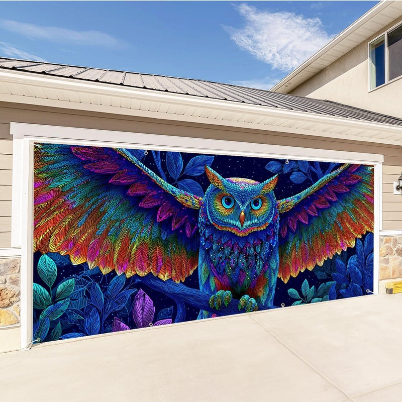 THISFIND Colorful Owl Garage Door Banner – Vibrant Night Sky Design with Multicolor Feathers for Outdoor Wall & Home Decor - Image 3